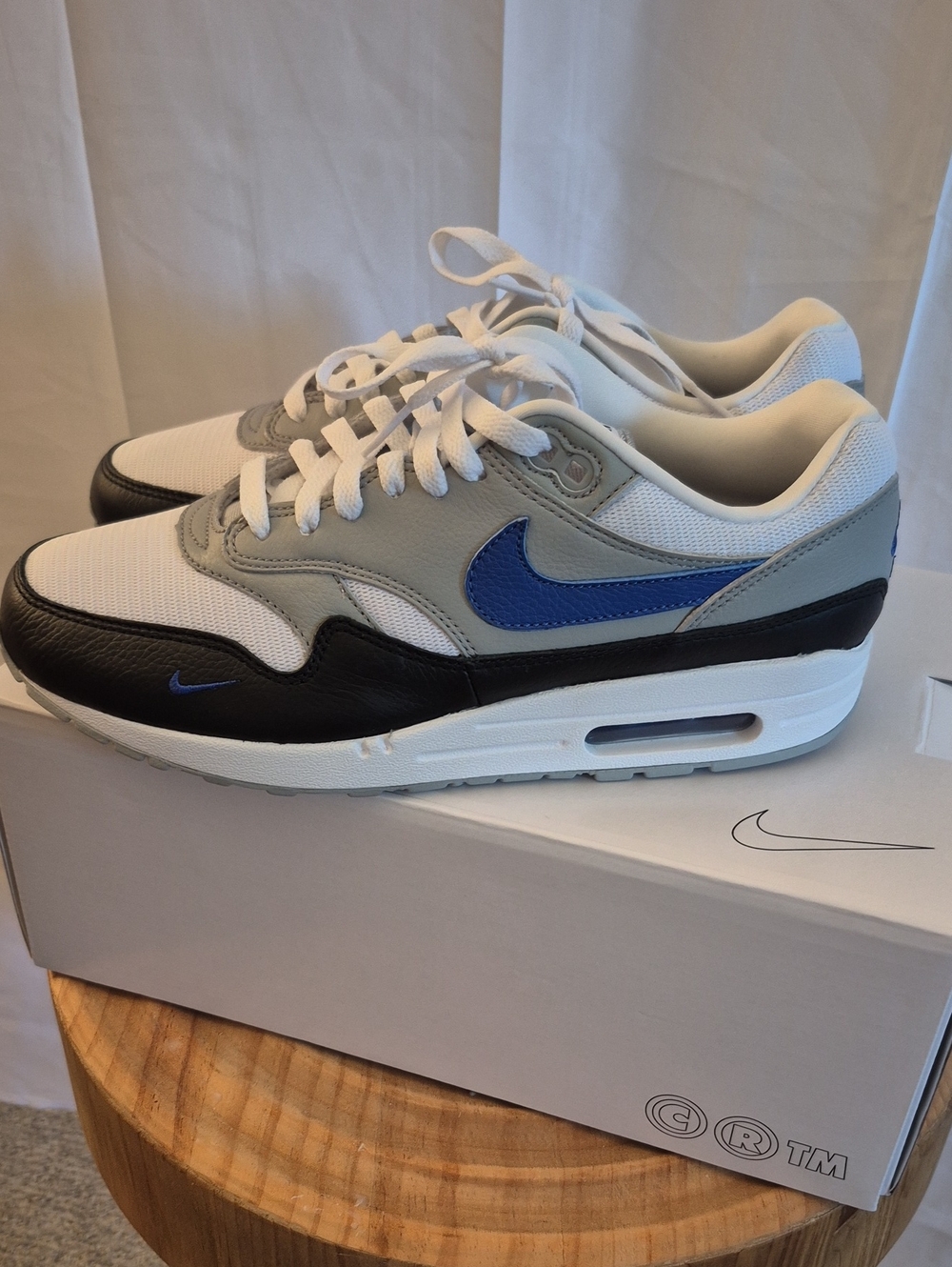 Never Worn Nike Women's CUSTOM MADE  AIR MAX 1 White, Gray, Black w Blue Swoosh